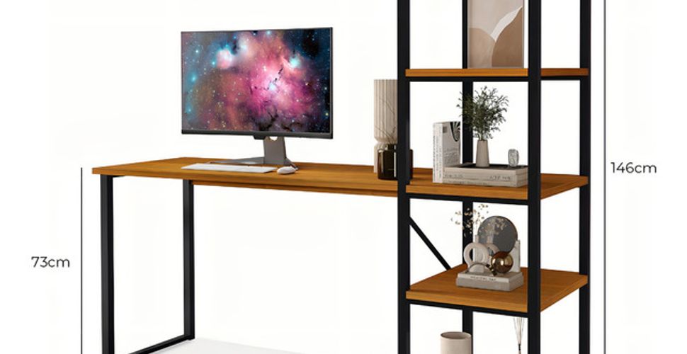 Escrivaninha Ms Maciel & Signorini Para Computador Ou Notebook Modelo Home Office Industrial Com 5 Prateleiras Para Estudo E Trabalho Cor Canela Fit